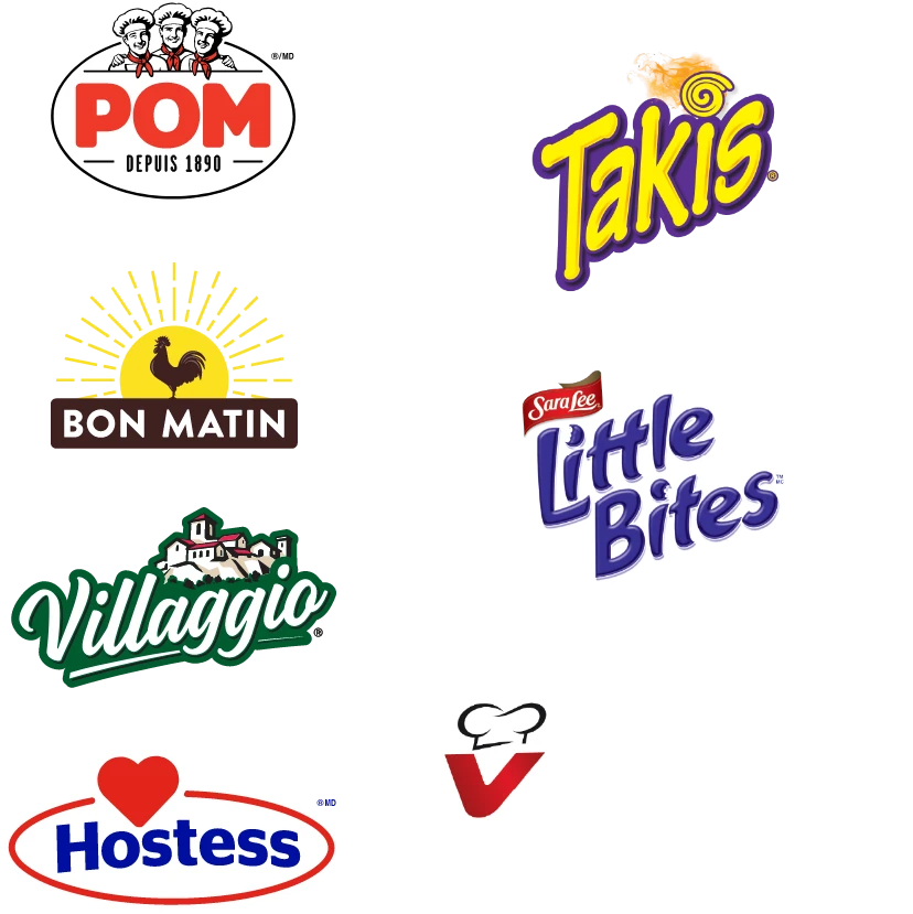 Logos pour POM, Takis, BON MATIN, Villaggio, Little Bites, Hostess et Vachon