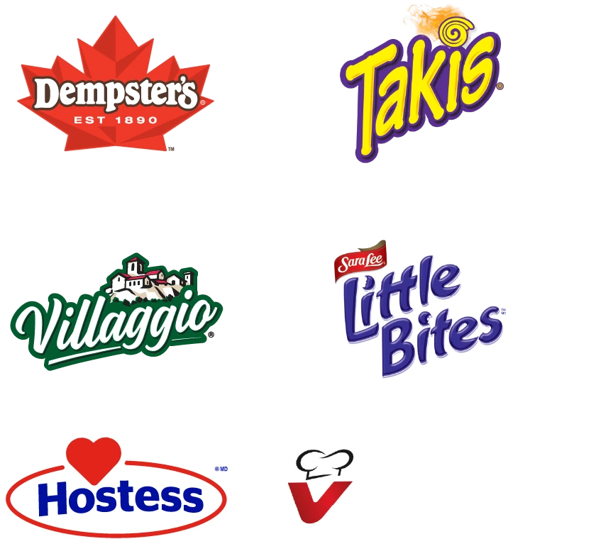 Logos for Dempsters, Takis, Villaggio, Little Bites, Hostess and Vachon